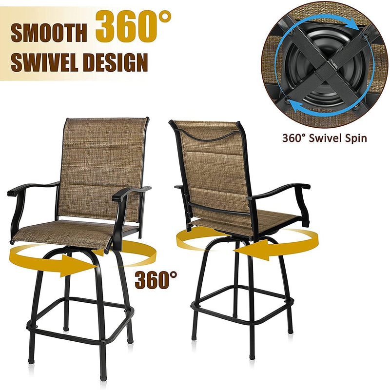 Patio Bar Table And 360° Swivel Stools with High Back and Armrest, Padded Textilene Swivel Chairs with Wook Like Top Table, Outdoor Furniture Set (Table & Chairs) - bigroofus