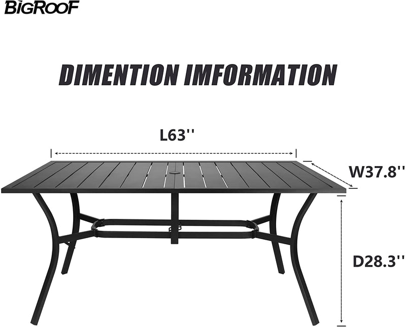 Bigroof Outdoor Table 63" Patio Metal Steel Classic Rectangle Black Dining Table with 1.57" Umbrella Hole for Garden, Backyard, Deck (63'')