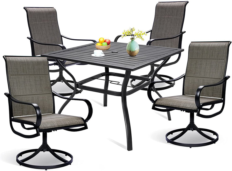 Bigroof Patio Dining Table and Chairs 5-Piece Set, 1 Black Metal Square Table with 1.57 Inch Umbrella Hole & 4 Swivel Dining Chairs, All-Weather Outdoor Furniture for Lawn, Backyard, Garden