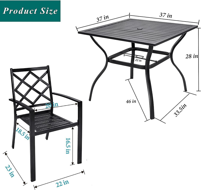 Copy of Copy of Bigroof 5 Piece Metal Outdoor Patio Dining Sets for 4, Stackable Chairs and Steel 37" Square Table with Umbrella Hole