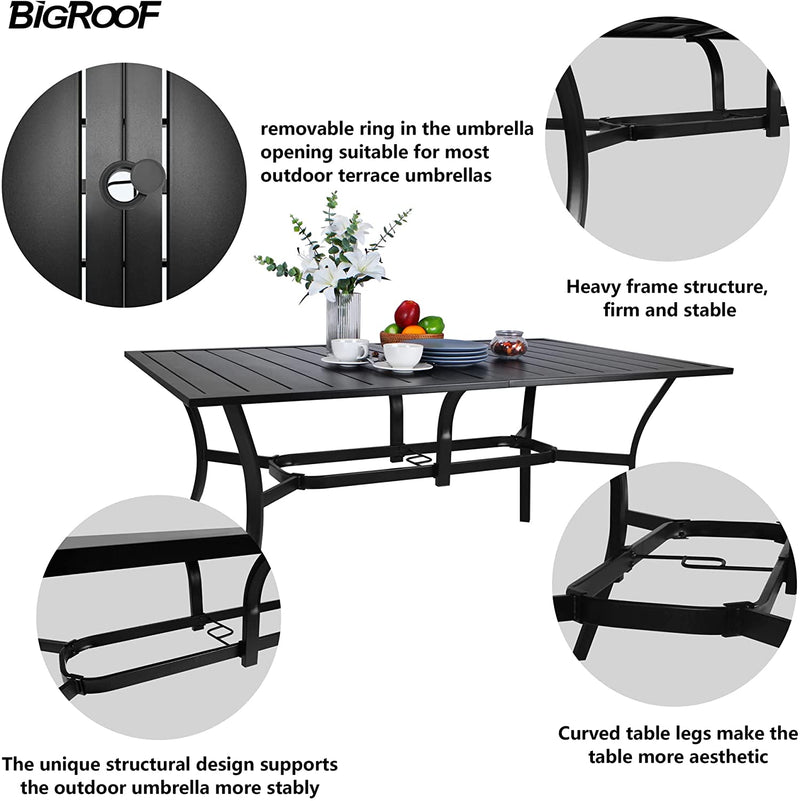 Copy of Bigroof 7 Piece Metal Outdoor Patio Dining Sets for 6, Stackable Chairs and 63" Classic Rectangle Table with Umbrella Hole