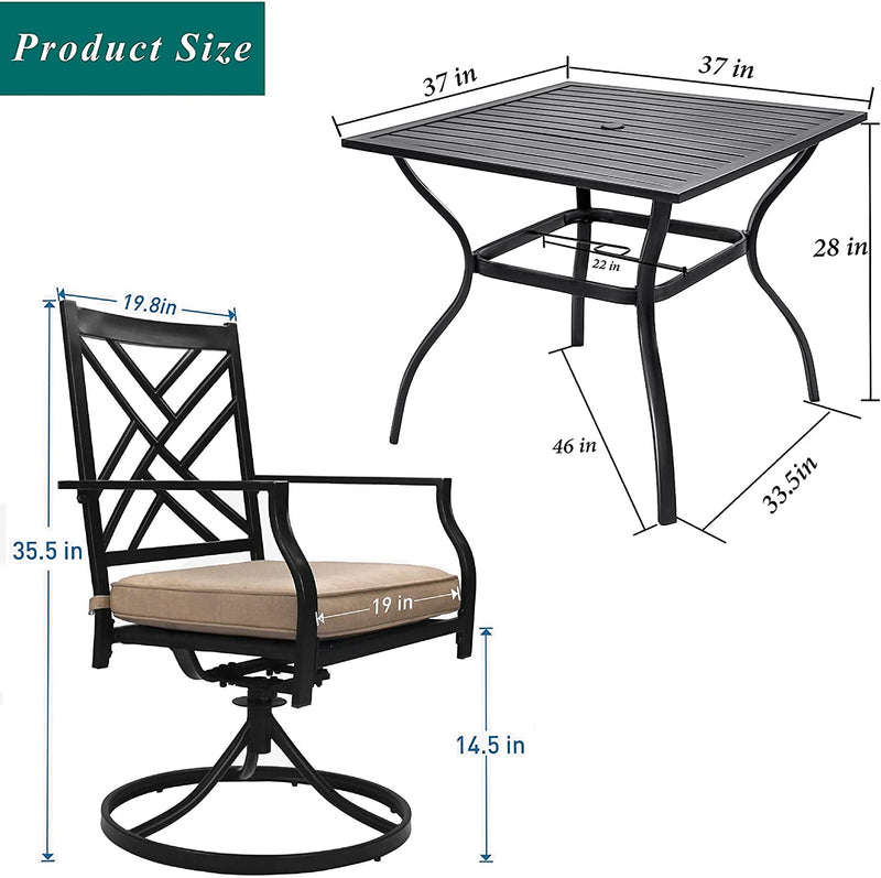 Bigroof 5 Piece Metal Outdoor Patio Dining Sets for 4, Swivel Chairs with Cushion and Steel 37" Square Table with Umbrella Hole