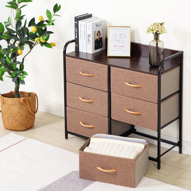 Bigroof 6 Drawer Double Dresser Chest Storage Cabinet for Livingroom, Bedroom Fabric Brown