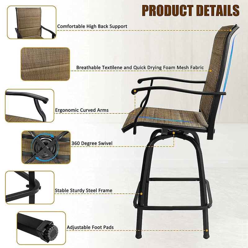 Patio Bar Table And 360° Swivel Stools with High Back and Armrest, Padded Textilene Swivel Chairs with Wook Like Top Table, Outdoor Furniture Set (Table & Chairs) - bigroofus