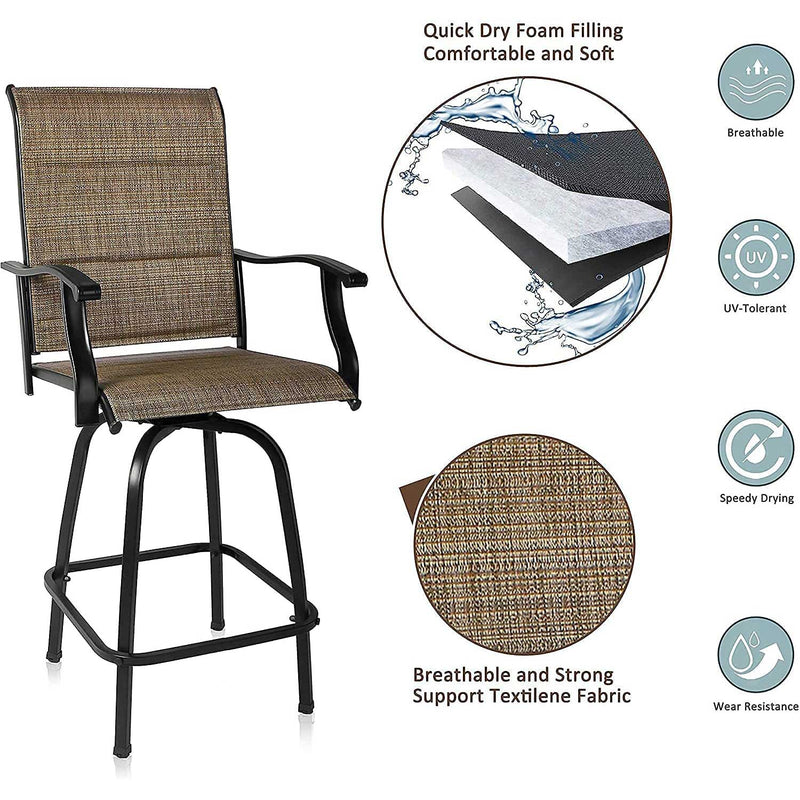 Patio Bar Table And 360° Swivel Stools with High Back and Armrest, Padded Textilene Swivel Chairs with Wook Like Top Table, Outdoor Furniture Set (Table & Chairs) - bigroofus